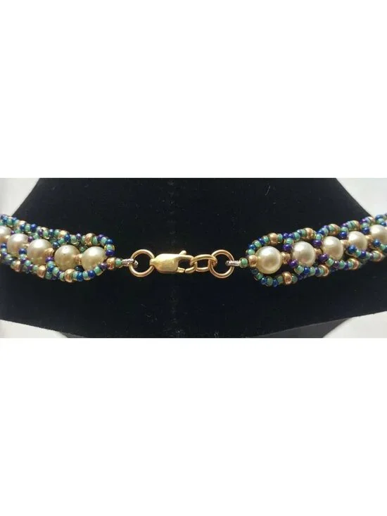Artisan-Made Necklace Collar Swarovski Crystal Faux Pearls Sterling Silver Clasp - Picture 7 of 7